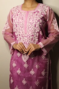 Lilac Chikankari Long Kurti in Organza - Lilac, XL(42)
