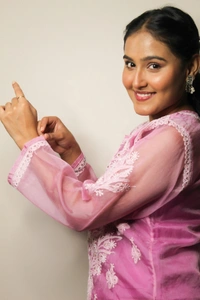 Lilac Chikankari Long Kurti in Organza - Lilac, XL(42)