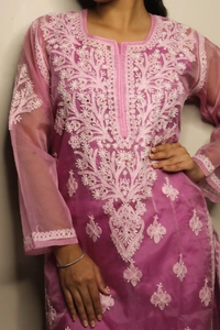 Lilac Chikankari Long Kurti in Organza - Lilac, XL(42)