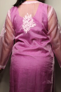 Lilac Chikankari Long Kurti in Organza - Lilac, XL(42)