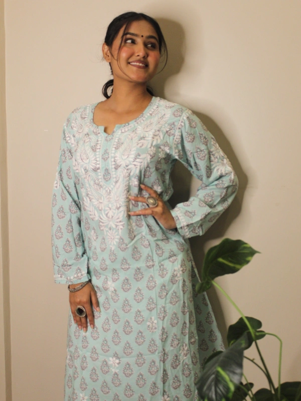 Aqua Green Chikankari Straight Long Kurti  - Aqua Green, S(36)