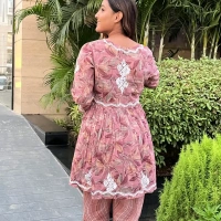 Mulprint Chikankari Coord Set(wine) - Wine, 2XL(44)