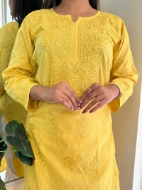 Yellow Chikankari Rose Design Straight Long Kurti - Yellow, M(38)