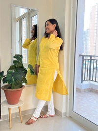 Yellow Chikankari Rose Design Straight Long Kurti - Yellow, XL(42)