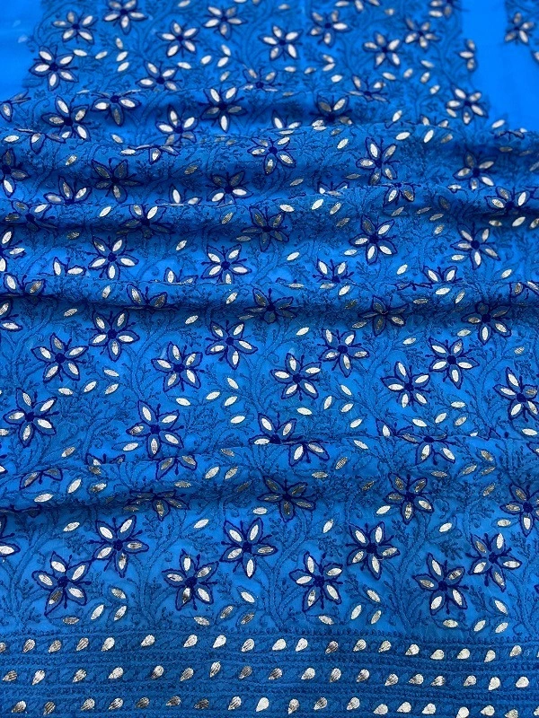 Blue Chikankari Georgette Unstiched Suit - Blue, Unstiched