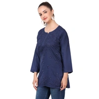 Navy Blue Chikankari Mulmul Short Kurti - Dark Blue, L(40)