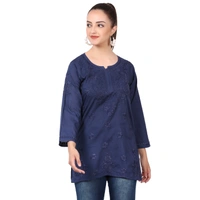 Navy Blue Chikankari Mulmul Short Kurti - Dark Blue, L(40)