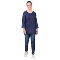 Navy Blue Chikankari Mulmul Short Kurti - Dark Blue, L(40)