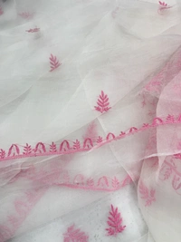 Pink Embroidered  Chikankari Unstiched Organza Kurta Dupatta  - White, Unstiched
