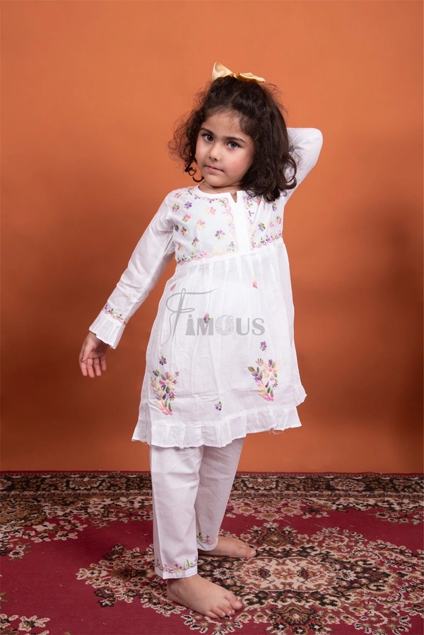 Kids White Chikankari Multy Embroidered Mulmul Sets - White, 20