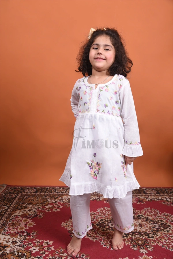 Kids White Chikankari Multy Embroidered Mulmul Sets - White, 32
