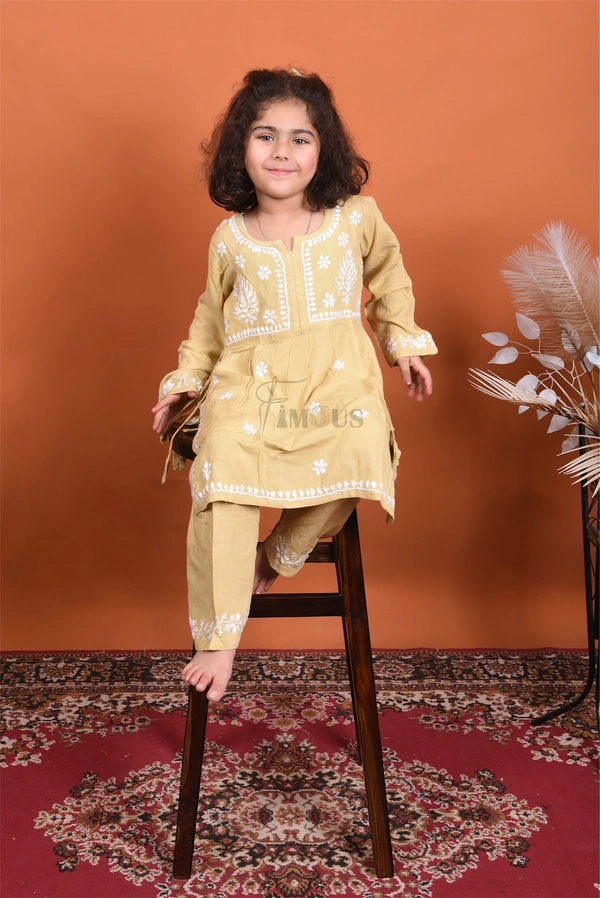Beige Kids Chikankari Naira Style Dress - Beige, 20