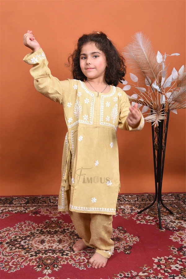 Beige Kids Chikankari Naira Style Dress - Beige, 20