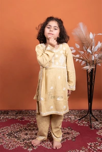 Beige Kids Chikankari Naira Style Dress - Beige, 20