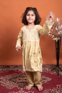 Beige Kids Chikankari Naira Style Dress - Beige, 20