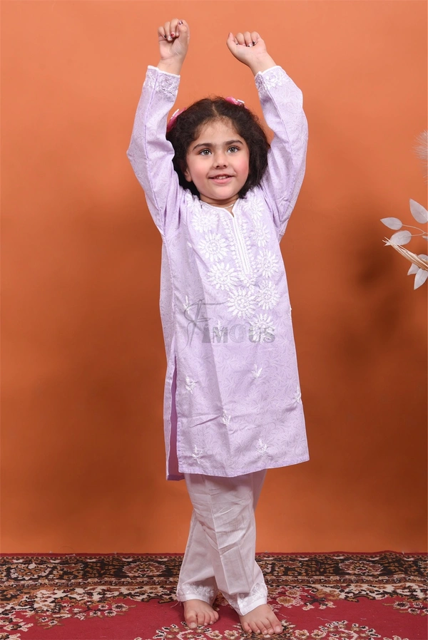 Purple Chikankari Kids Kurti Plazo Sets  - Purple, 22