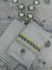 Grey Chikankari Unstiched Dress In Mul Chanderi - Grey