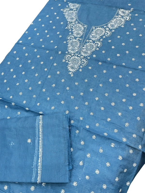 Chikankari Unstiched Kurta Dupatta In Kota Fabric - Blue