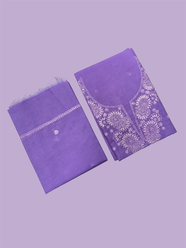 Chikankari Unstiched Kurta Dupatta In Kota Fabric - Blue