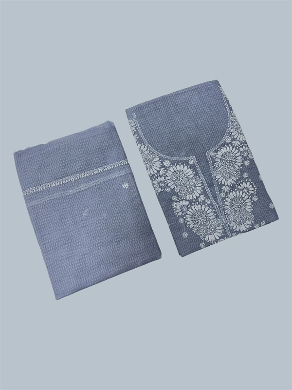 Chikankari Unstiched Kurta Dupatta In Kota Fabric - Blue