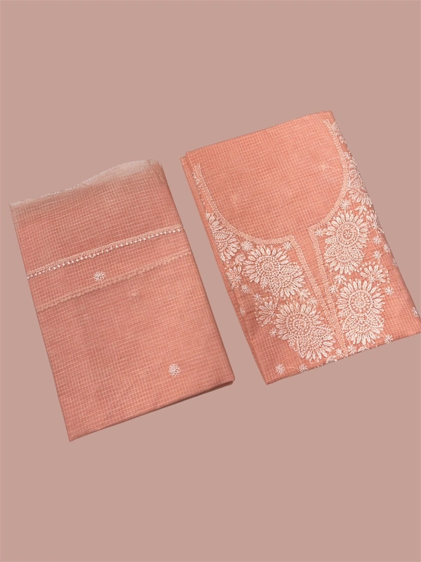 Chikankari Unstiched Kurta Dupatta In Kota Fabric - Peach