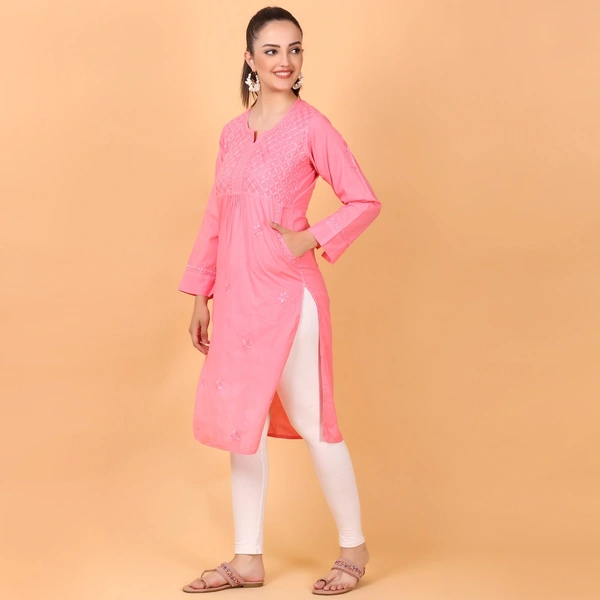 Peach Chikankari Side Pocket Style Kurti - Peach, L(40)