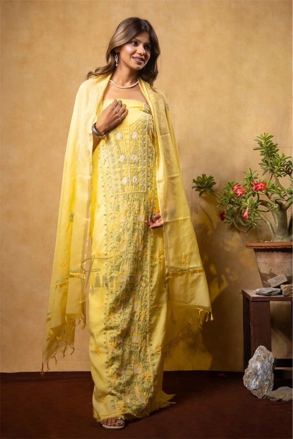 Lemon Yellow Chikankari Mulchanderi Unstiched Dress Material - Lemon Yellow, Unstiched