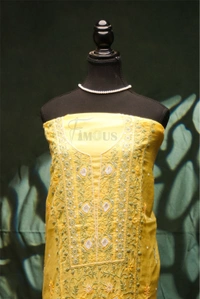Lemon Yellow Chikankari Mulchanderi Unstiched Dress Material - Lemon Yellow, Unstiched