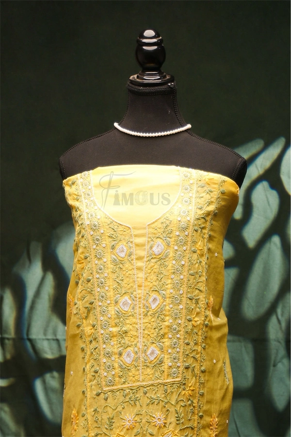 Lemon Yellow Chikankari Mulchanderi Unstiched Dress Material - Lemon Yellow, Unstiched