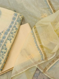 Lemon Yellow Chikankari Mulchanderi Unstiched Dress Material - Lemon Yellow, Unstiched