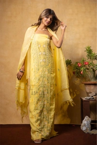 Lemon Yellow Chikankari Mulchanderi Unstiched Dress Material - Lemon Yellow, Unstiched