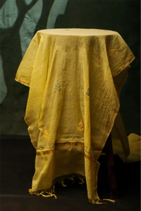 Lemon Yellow Chikankari Mulchanderi Unstiched Dress Material - Lemon Yellow, Unstiched
