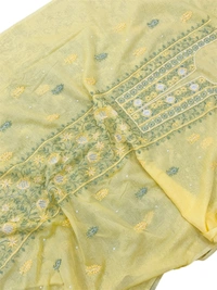 Lemon Yellow Chikankari Mulchanderi Unstiched Dress Material - Lemon Yellow, Unstiched
