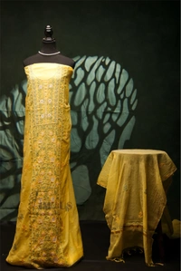Lemon Yellow Chikankari Mulchanderi Unstiched Dress Material - Lemon Yellow, Unstiched