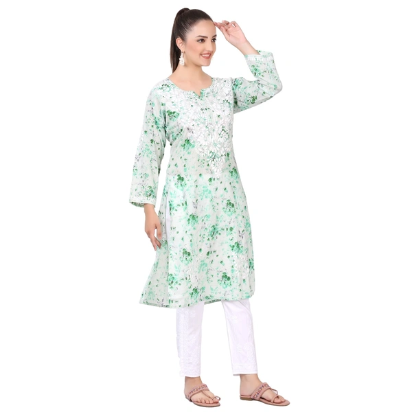 Soft Green Mulprint Chikankari Long Kurti - Green, 4XL(48)