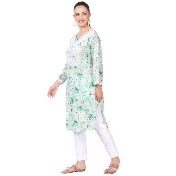 Soft Green Mulprint Chikankari Long Kurti - Green, 4XL(48)