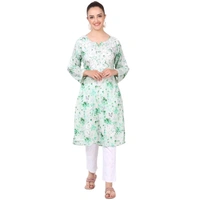 Soft Green Mulprint Chikankari Long Kurti - Green, 4XL(48)