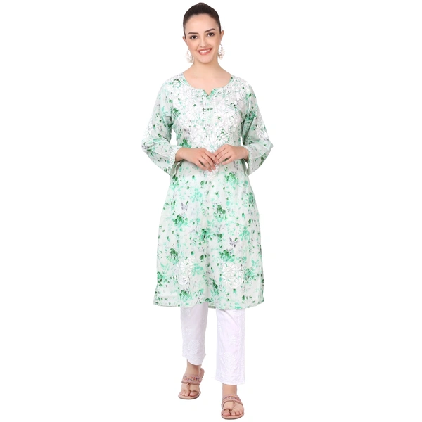 Soft Green Mulprint Chikankari Long Kurti - Green, 4XL(48)