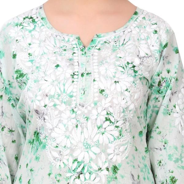 Soft Green Mulprint Chikankari Long Kurti - Green, 4XL(48)