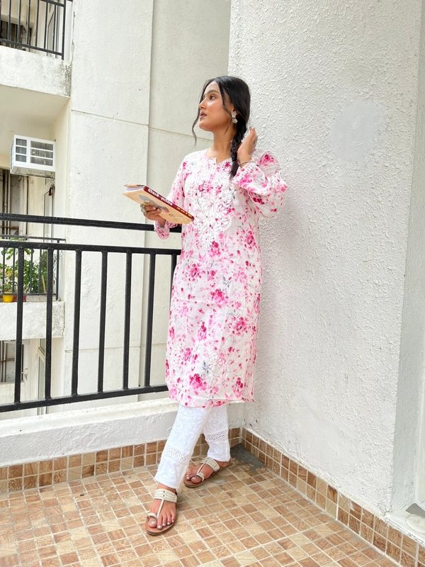 Soft Pink Mulprint Chikankari Kurti - Pink, L(40)