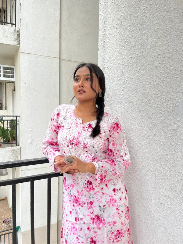 Soft Pink Mulprint Chikankari Kurti - Pink, L(40)