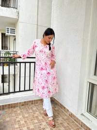 Soft Pink Mulprint Chikankari Kurti - Pink, L(40)