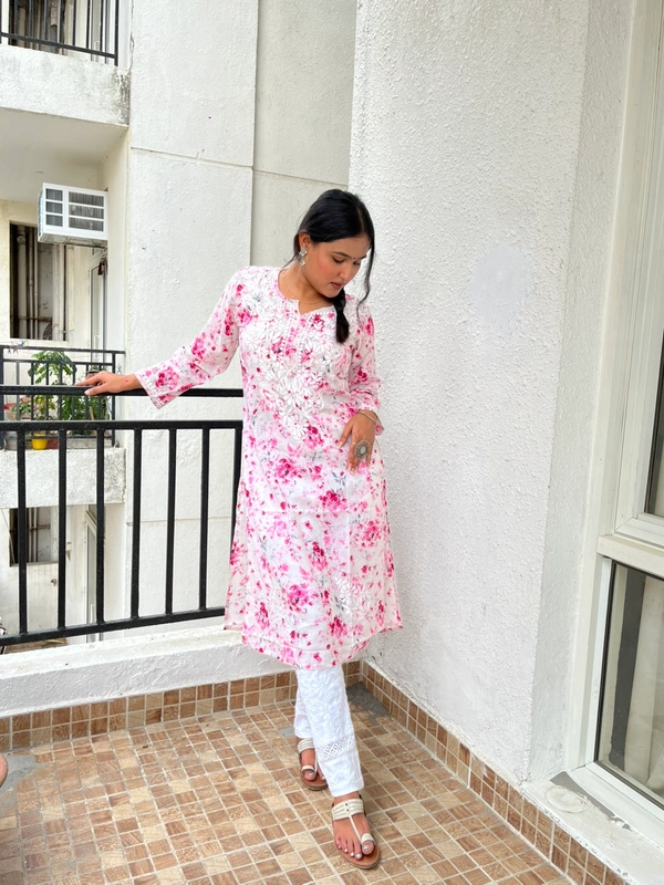 Soft Pink Mulprint Chikankari Kurti - Pink, L(40)
