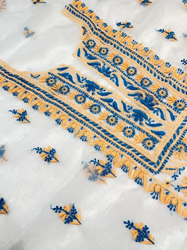 Premium Chikankari Unstiched Dual Tone Embroidered Organza Kurta Dupatta - White, Unstiched