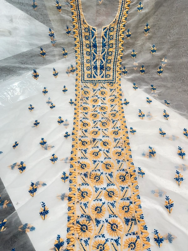 Premium Chikankari Unstiched Dual Tone Embroidered Organza Kurta Dupatta - White, Unstiched