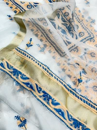 Premium Chikankari Unstiched Dual Tone Embroidered Organza Kurta Dupatta - White, Unstiched