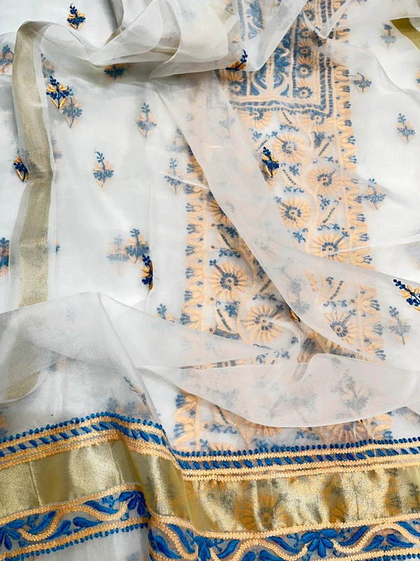 Premium Chikankari Unstiched Dual Tone Embroidered Organza Kurta Dupatta - White, Unstiched
