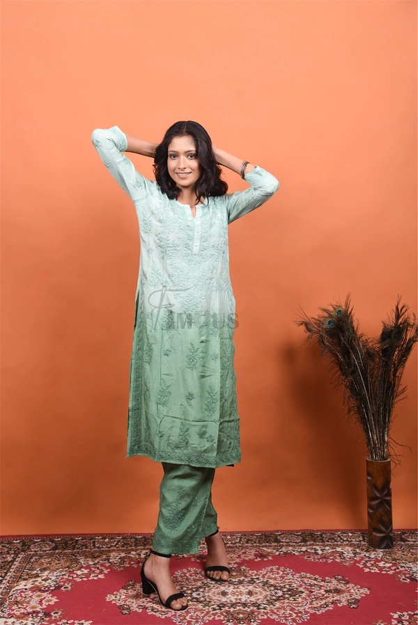 Mint Green Muslin Chikankari Kurti Plazo Set - Mint Green, L(40)