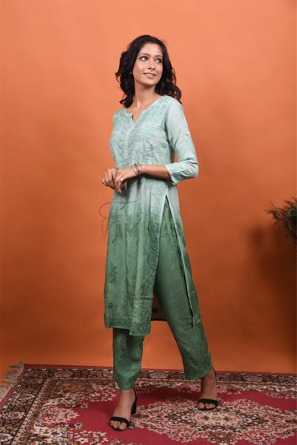 Mint Green Muslin Chikankari Kurti Plazo Set - Mint Green, L(40)