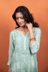 Mint Green Muslin Chikankari Kurti Plazo Set - Mint Green, L(40)